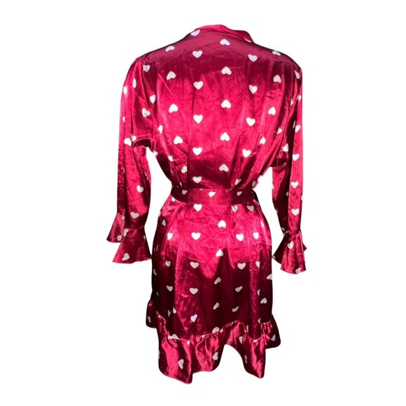 Red Satin Robe Size Large Womens White Heart Print Ruffled Hem & Sleeves Tie-Wai - Picture 3 of 7